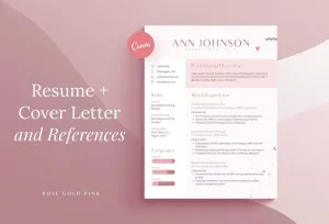 3 Page Resume Cover Letter and References Page Editable Canva Template Rose Gold