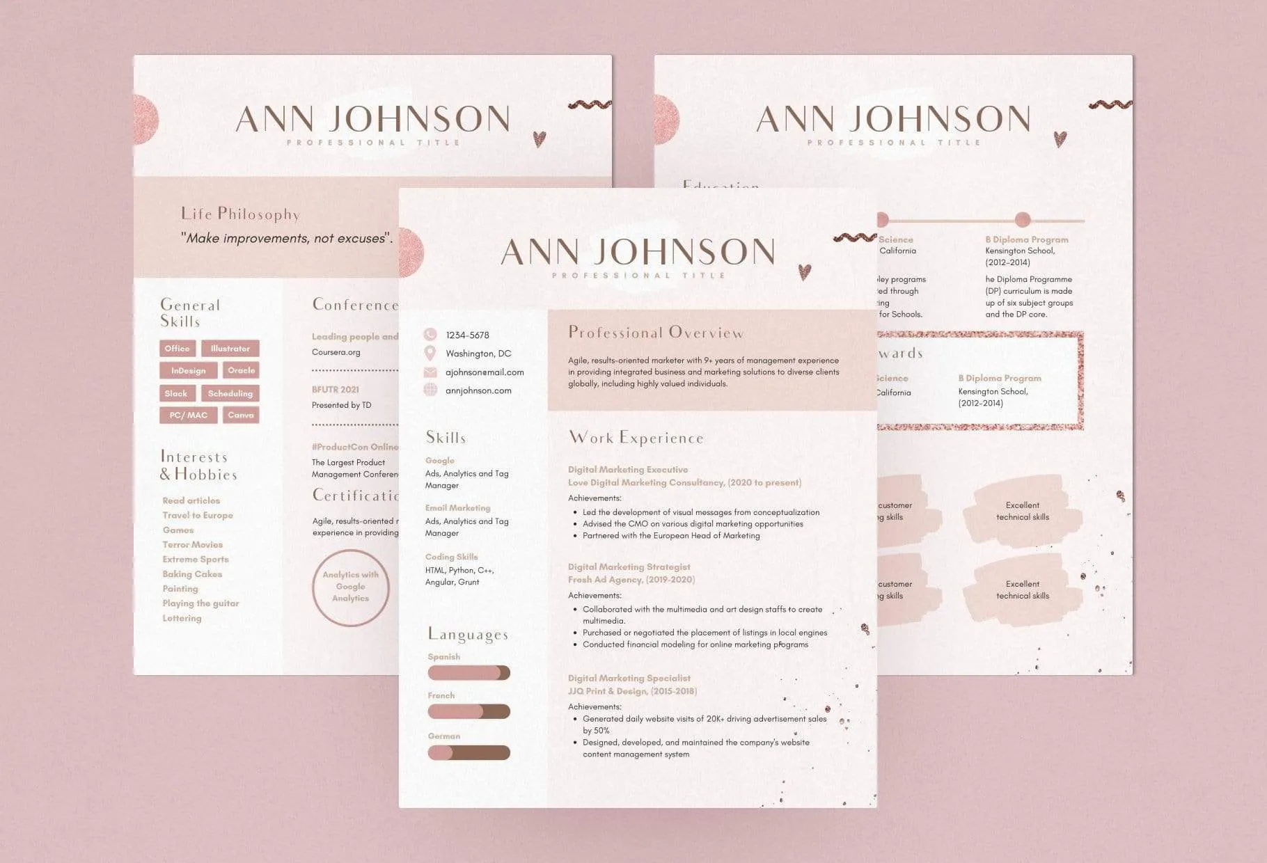 3 Page Resume Cover Letter and References Page Editable Canva Template Rose Gold