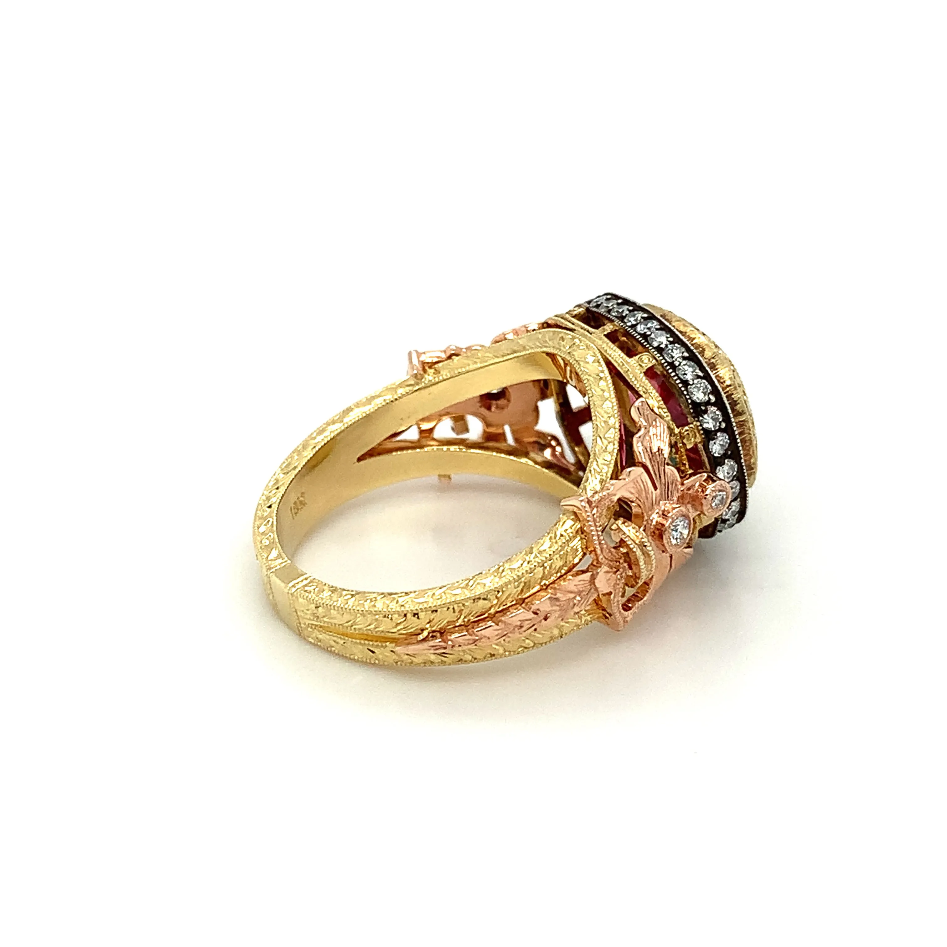 3.29 Carat Pink Sapphire Cushion and Diamond, Rose, Yellow Gold Cocktail Ring