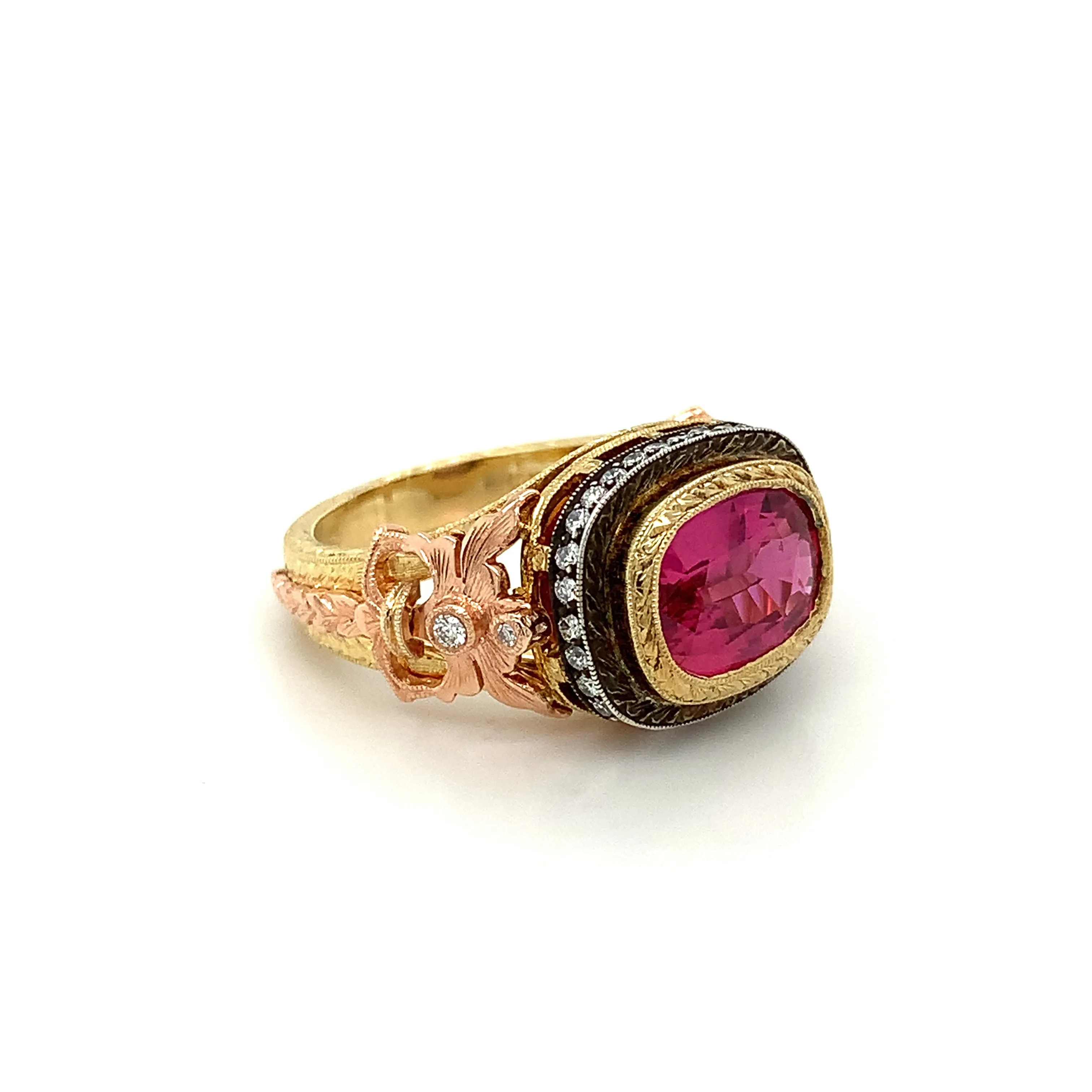 3.29 Carat Pink Sapphire Cushion and Diamond, Rose, Yellow Gold Cocktail Ring