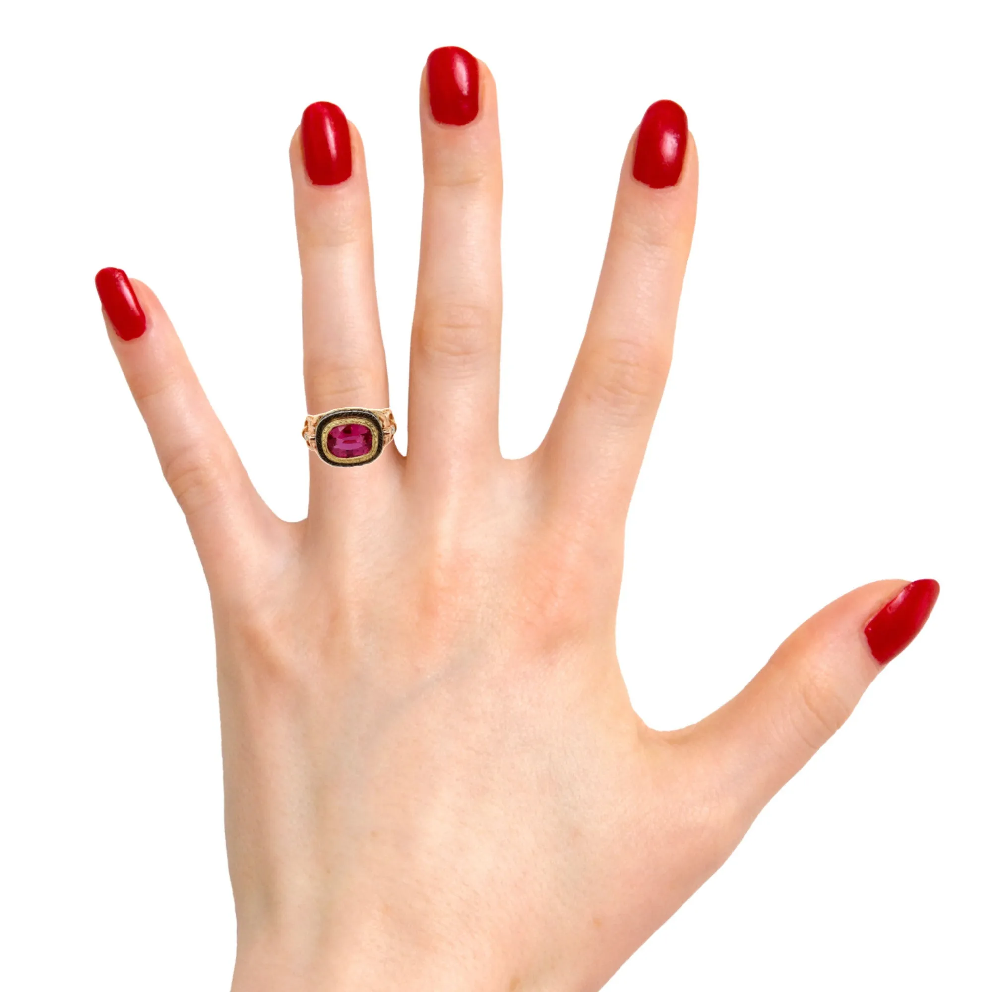 3.29 Carat Pink Sapphire Cushion and Diamond, Rose, Yellow Gold Cocktail Ring