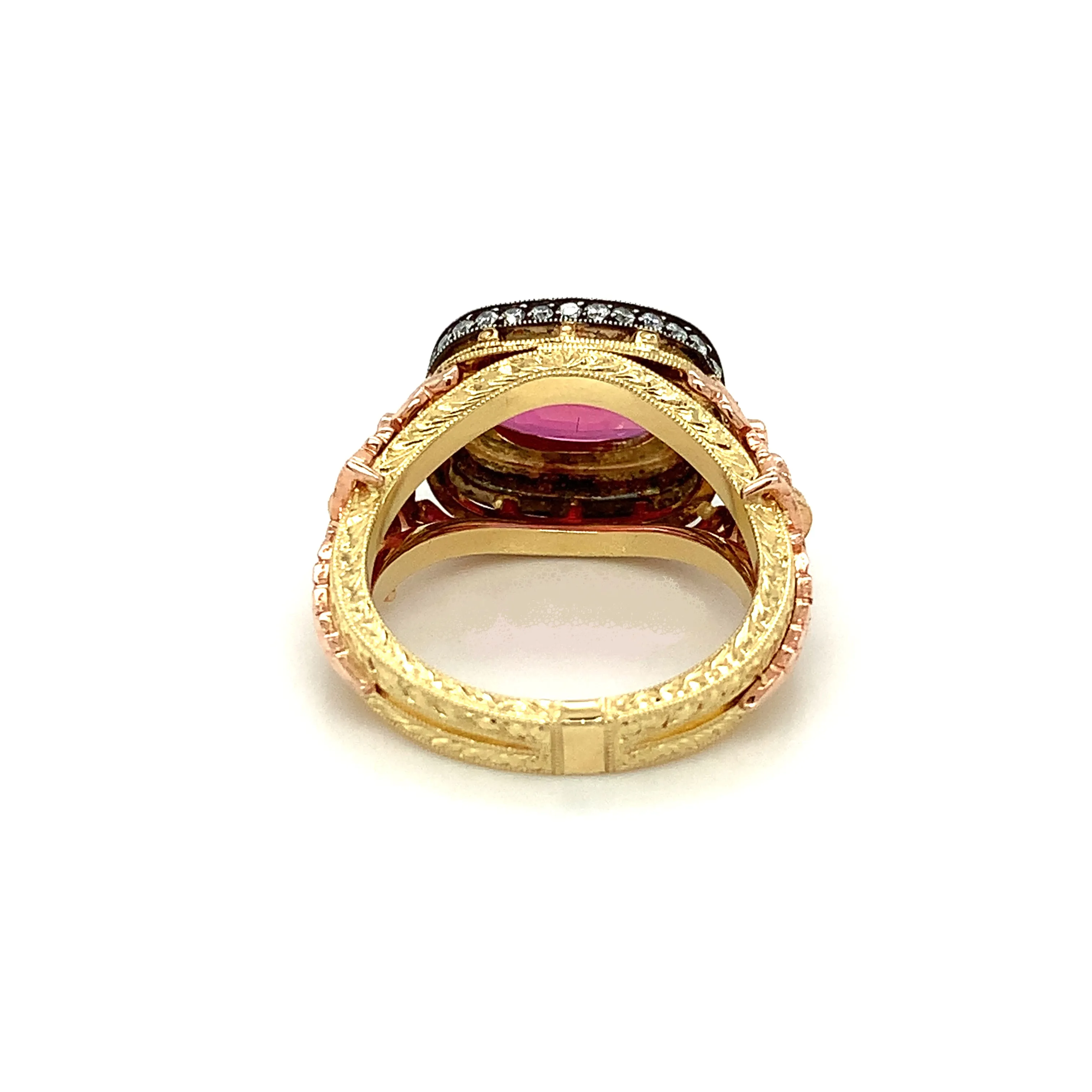 3.29 Carat Pink Sapphire Cushion and Diamond, Rose, Yellow Gold Cocktail Ring