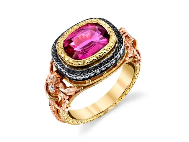 3.29 Carat Pink Sapphire Cushion and Diamond, Rose, Yellow Gold Cocktail Ring