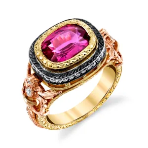 3.29 Carat Pink Sapphire Cushion and Diamond, Rose, Yellow Gold Cocktail Ring