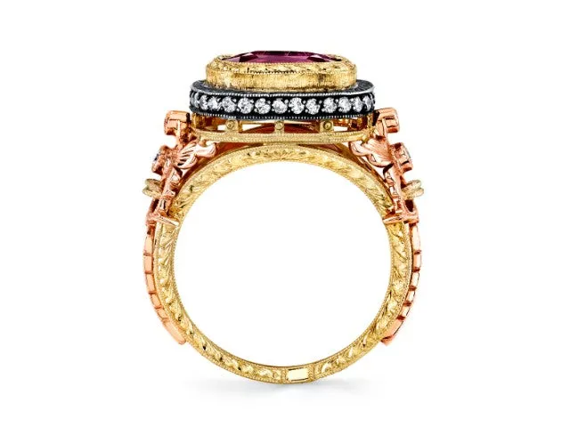 3.29 Carat Pink Sapphire Cushion and Diamond, Rose, Yellow Gold Cocktail Ring