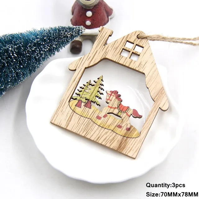 3PCS Multi Lovely DIY Christmas Wooden Pendant Ornaments Wood Craft For Xmas Tree Ornament Christmas Party Decorations Kids Gift