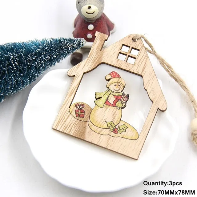 3PCS Multi Lovely DIY Christmas Wooden Pendant Ornaments Wood Craft For Xmas Tree Ornament Christmas Party Decorations Kids Gift