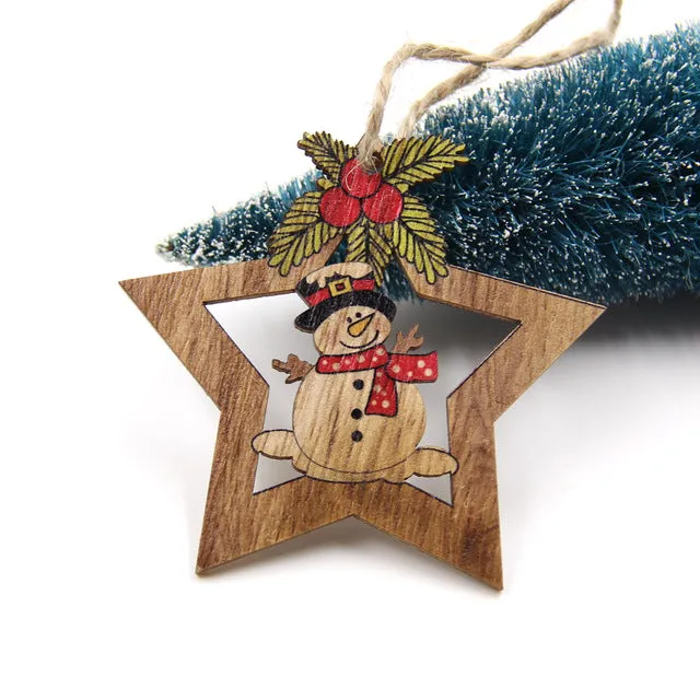 4PCS Christmas Star Wooden Pendants Ornaments Xmas Tree Ornament DIY Wood Crafts Kids Gift for Home Christmas Party Decorations