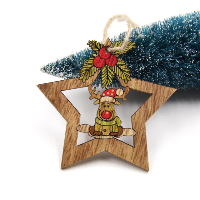 4PCS Christmas Star Wooden Pendants Ornaments Xmas Tree Ornament DIY Wood Crafts Kids Gift for Home Christmas Party Decorations