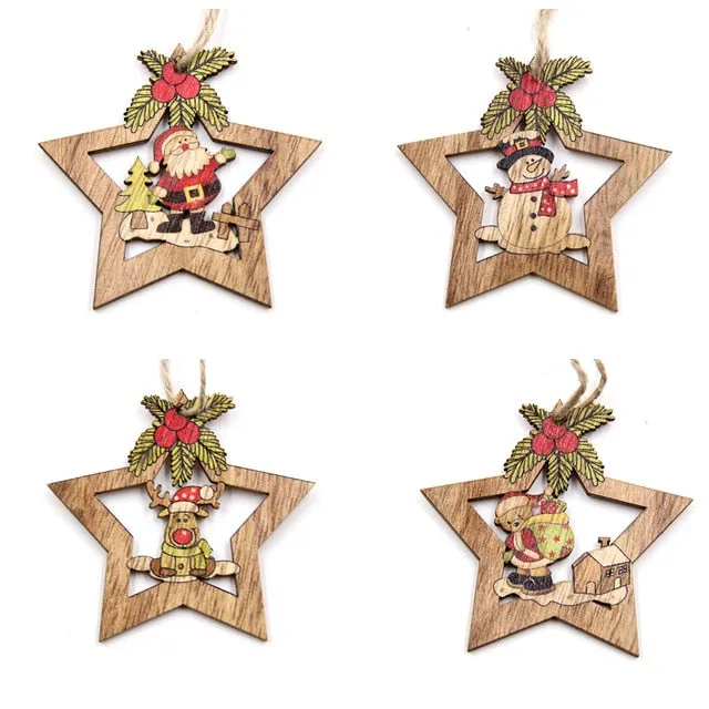 4PCS Christmas Star Wooden Pendants Ornaments Xmas Tree Ornament DIY Wood Crafts Kids Gift for Home Christmas Party Decorations