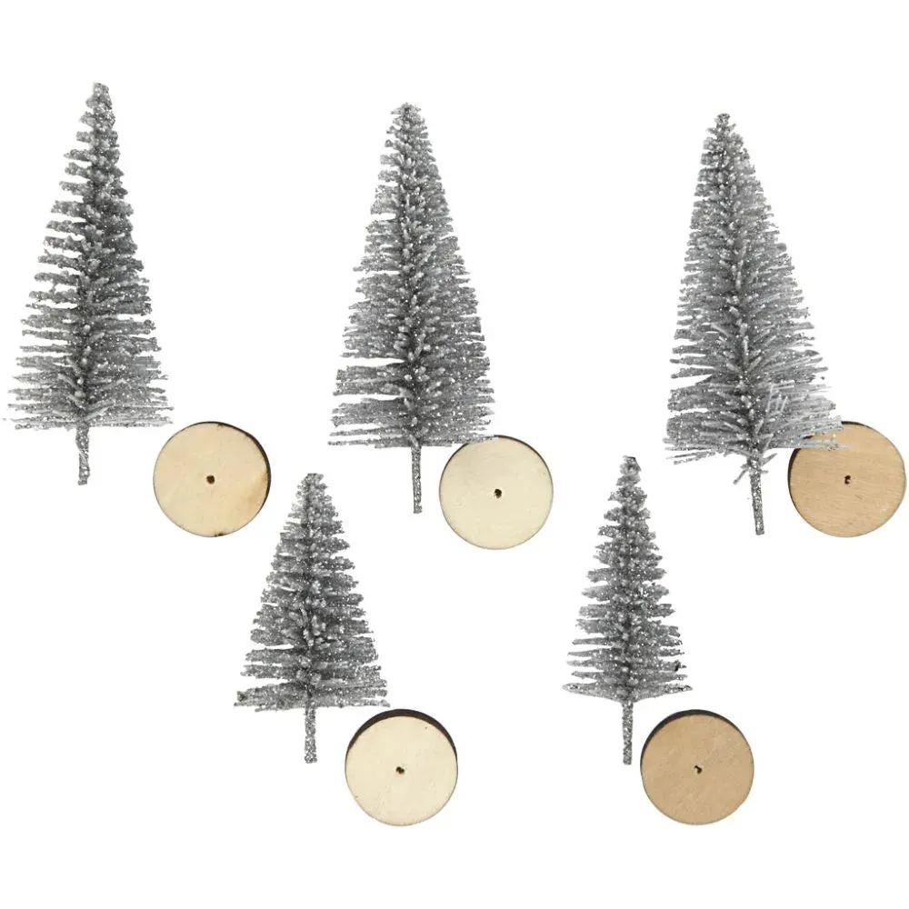 5x Christmas Silver Spruce Trees Cute Miniature Models Figures 4 6 cm