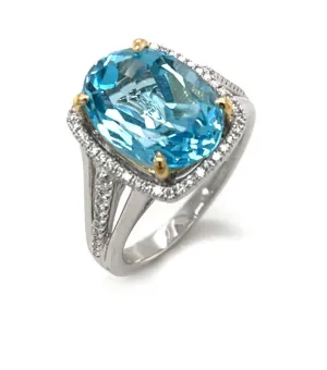 8.59 Carat Blue Topaz and Diamond Halo Cocktail Ring in White and Yellow Gold