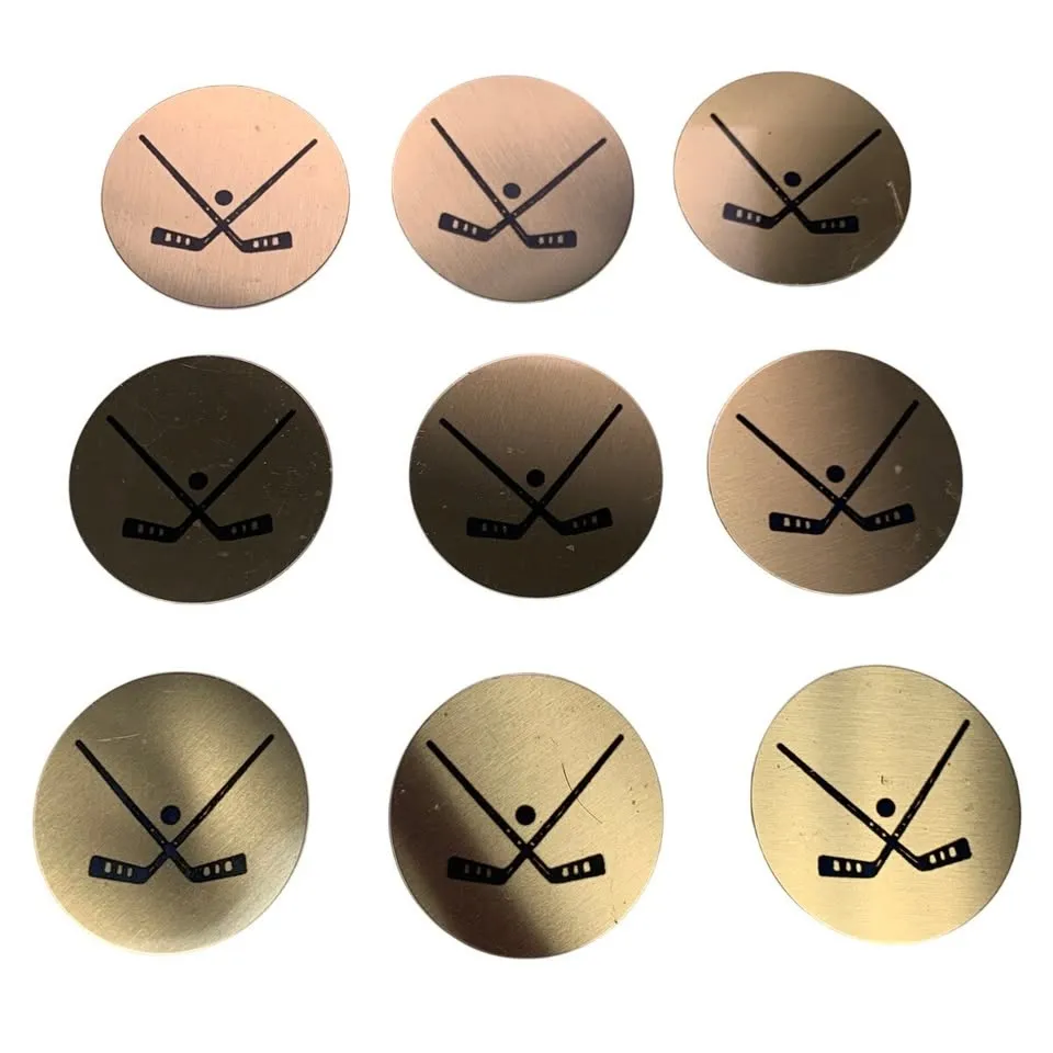 9 Hockey Themed 2" Gold Toned Metal Ornament Circles Craft Supply Plus Bonus