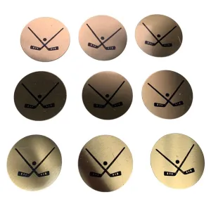 9 Hockey Themed 2" Gold Toned Metal Ornament Circles Craft Supply Plus Bonus