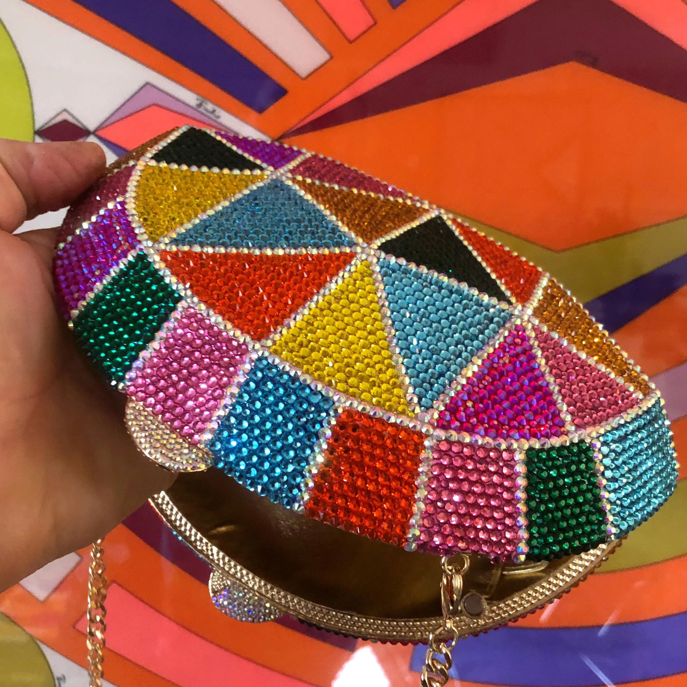 A MULTICOLOURED CRAZY-PAVING BRILLIANT SET FANTASY PURSE