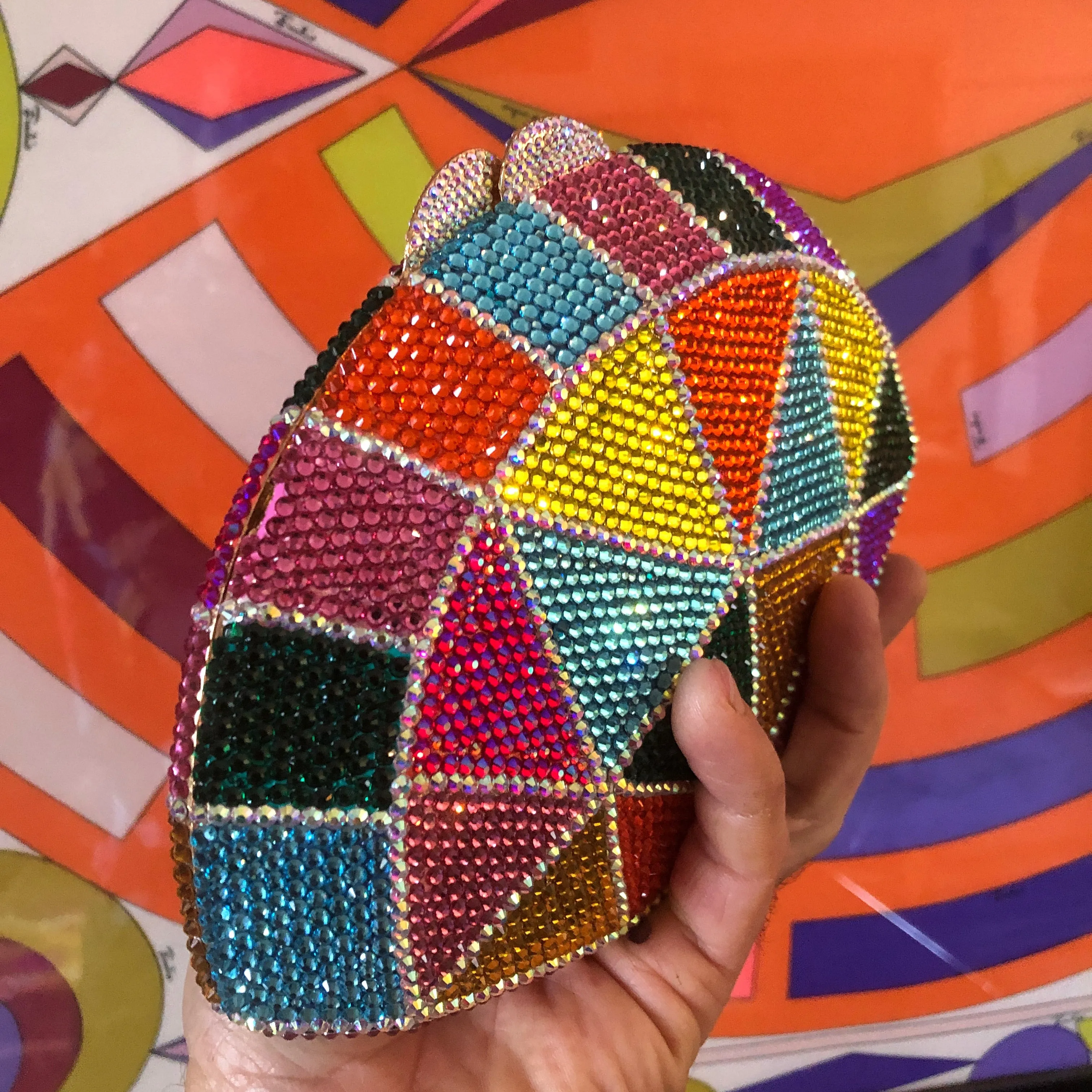 A MULTICOLOURED CRAZY-PAVING BRILLIANT SET FANTASY PURSE