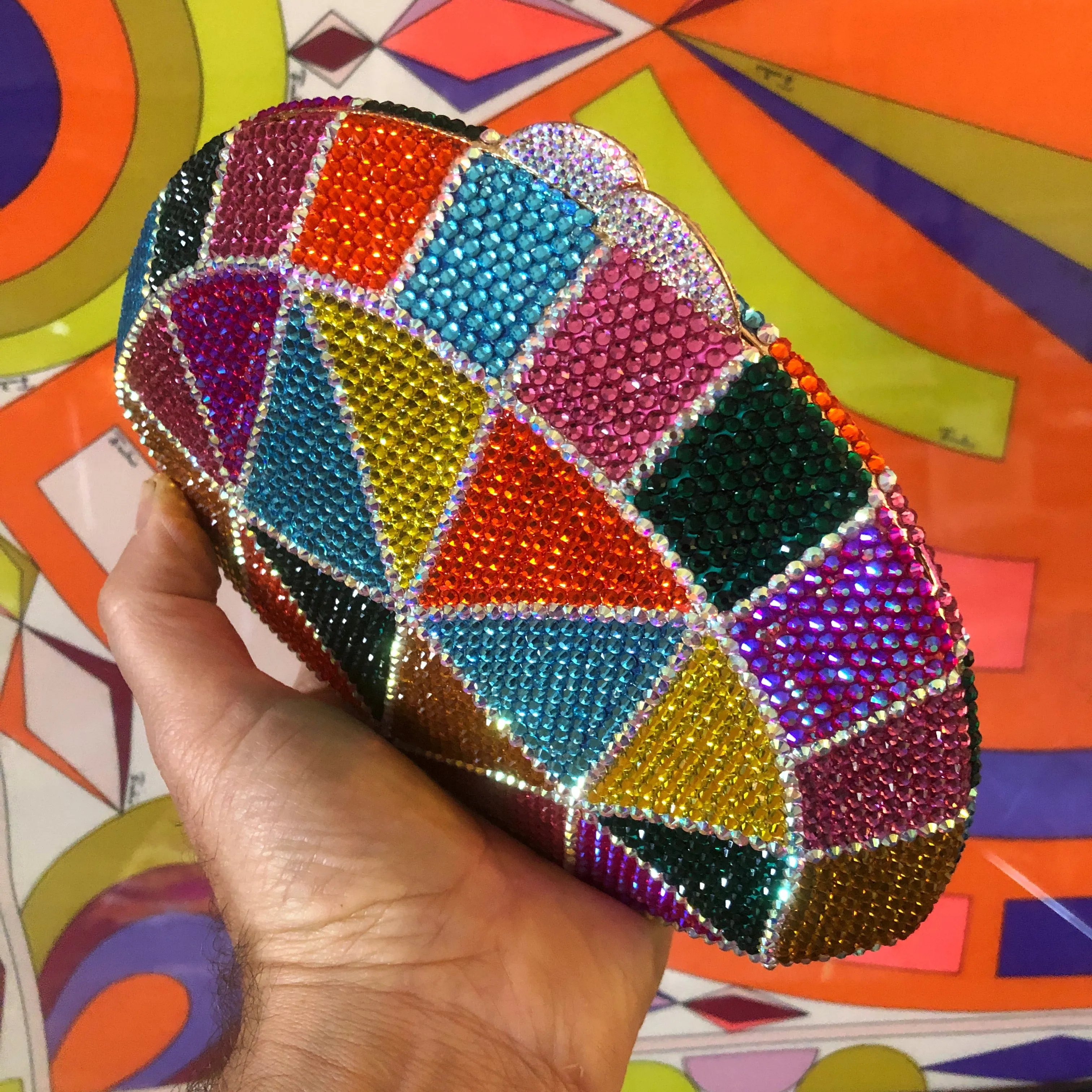 A MULTICOLOURED CRAZY-PAVING BRILLIANT SET FANTASY PURSE