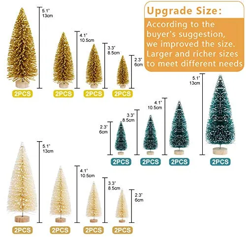 AerWo 24PCS Artificial Mini Christmas Trees, Upgrade Sisal Trees with Wood Base Bottle Brush Trees for Christmas Table Top Decor Winter Crafts Ornaments Green, Gold and Ivory