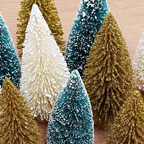 AerWo 24PCS Artificial Mini Christmas Trees, Upgrade Sisal Trees with Wood Base Bottle Brush Trees for Christmas Table Top Decor Winter Crafts Ornaments Green, Gold and Ivory