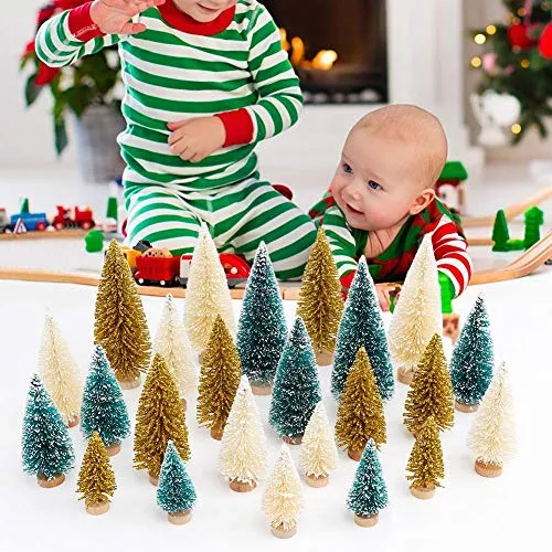 AerWo 24PCS Artificial Mini Christmas Trees, Upgrade Sisal Trees with Wood Base Bottle Brush Trees for Christmas Table Top Decor Winter Crafts Ornaments Green, Gold and Ivory