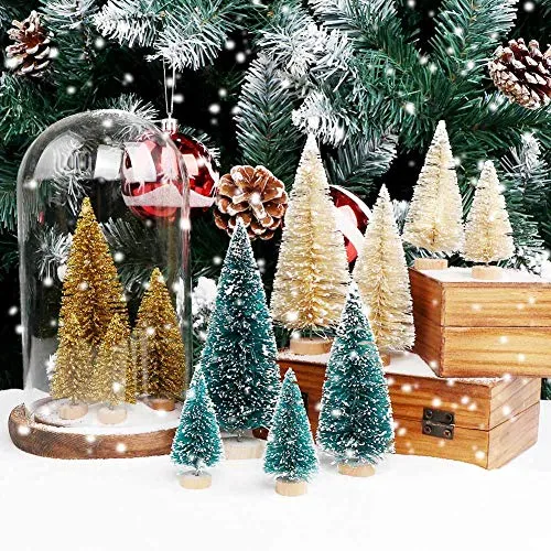 AerWo 24PCS Artificial Mini Christmas Trees, Upgrade Sisal Trees with Wood Base Bottle Brush Trees for Christmas Table Top Decor Winter Crafts Ornaments Green, Gold and Ivory