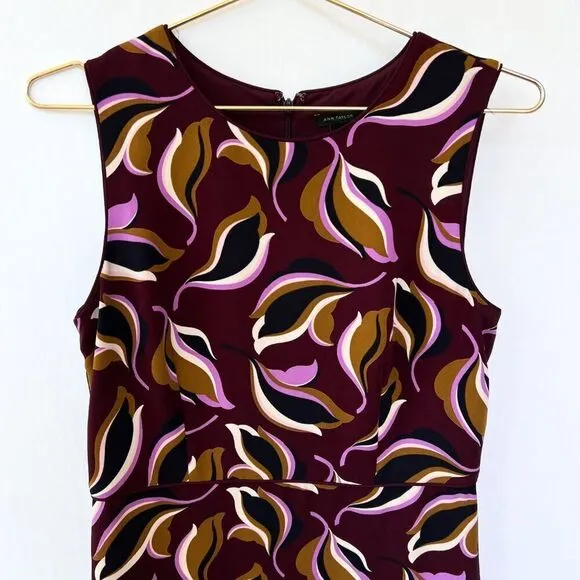 Ann Taylor Purple Burgundy Brown Leaf Print Sleeveless Professional Work Dress 6