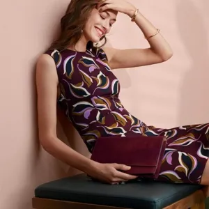 Ann Taylor Purple Burgundy Brown Leaf Print Sleeveless Professional Work Dress 6