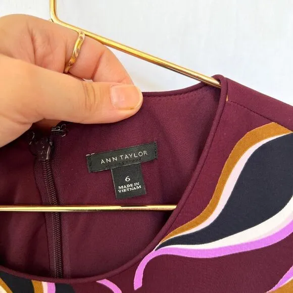 Ann Taylor Purple Burgundy Brown Leaf Print Sleeveless Professional Work Dress 6