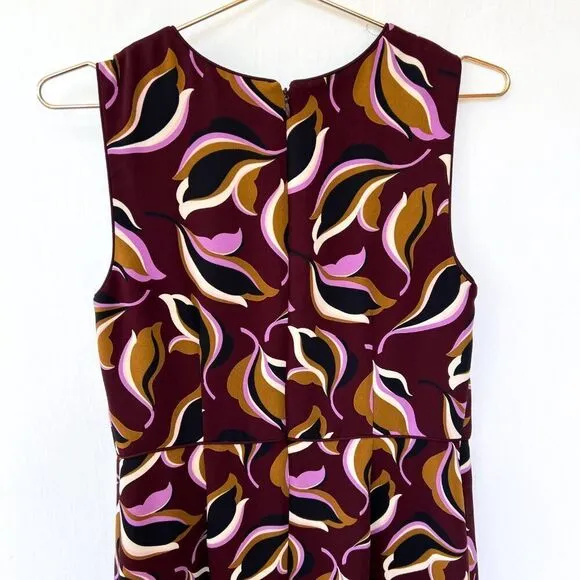 Ann Taylor Purple Burgundy Brown Leaf Print Sleeveless Professional Work Dress 6