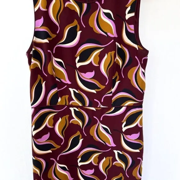 Ann Taylor Purple Burgundy Brown Leaf Print Sleeveless Professional Work Dress 6