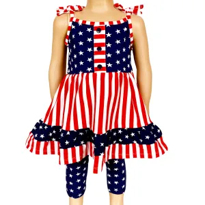 AnnLoren Girls 4th of July Stars & Striped Dress & Capri Leggings Outfit