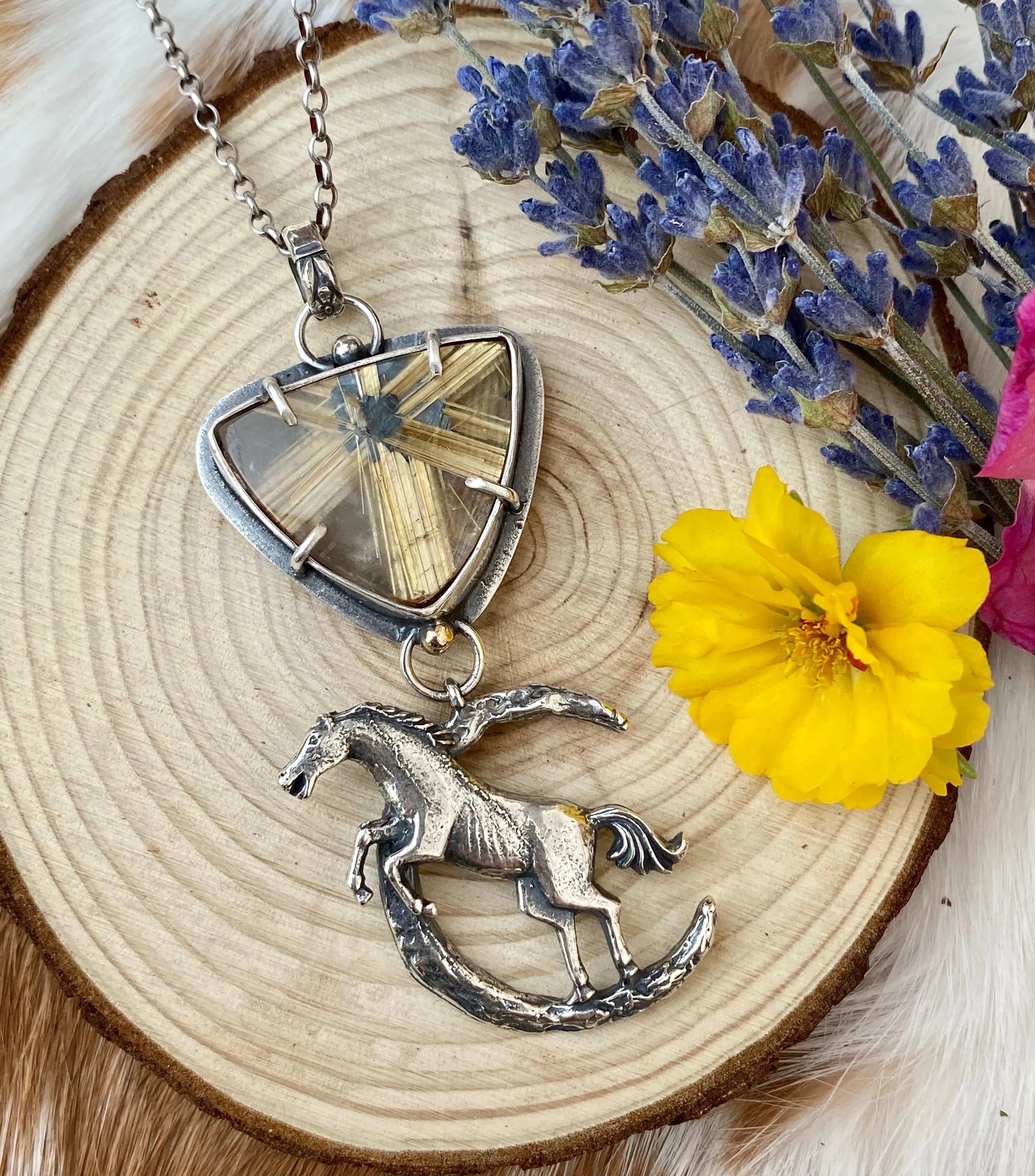 Auction for Wild horse under the moon six point star Rulite gem sterling silver necklace