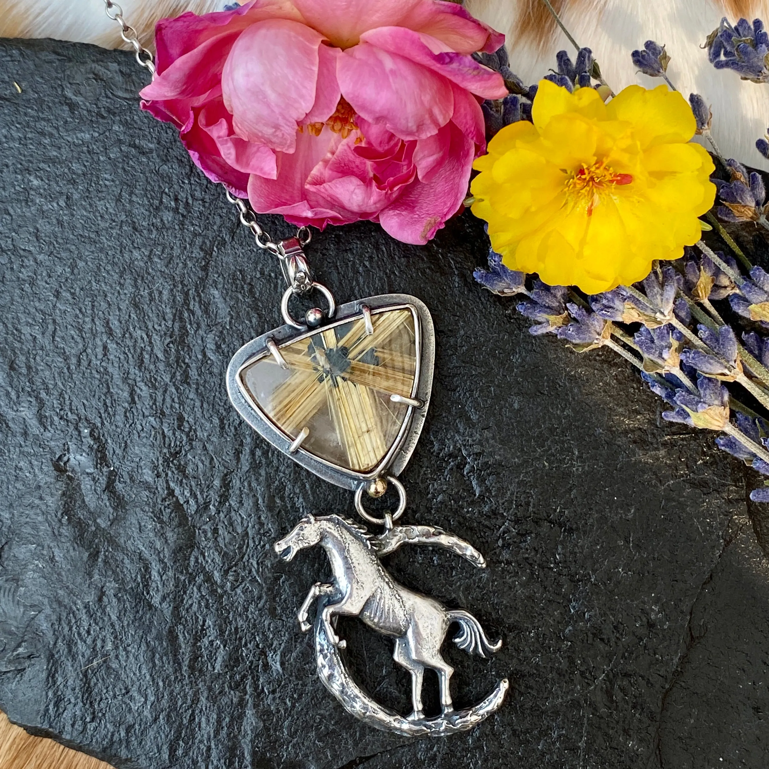 Auction for Wild horse under the moon six point star Rulite gem sterling silver necklace