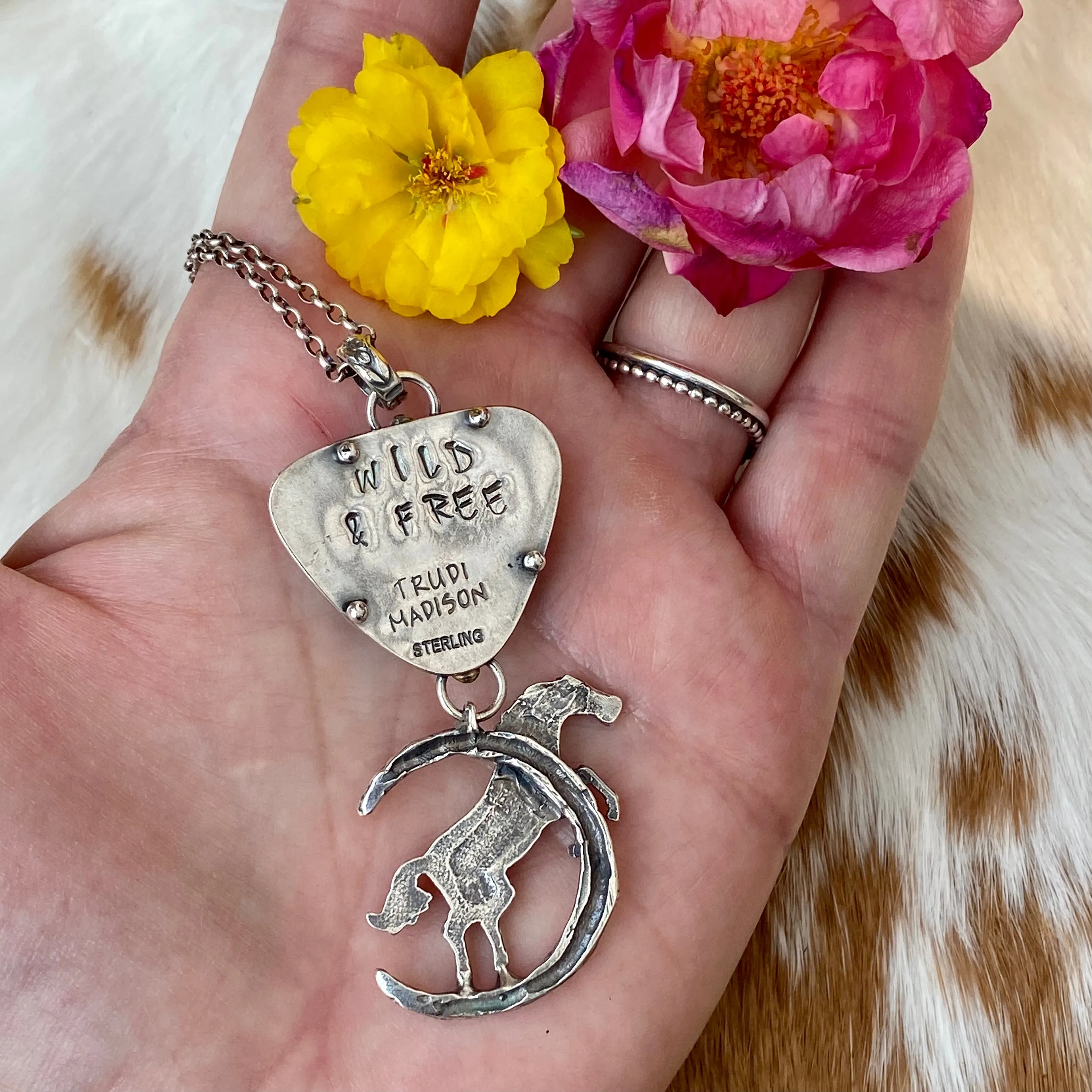 Auction for Wild horse under the moon six point star Rulite gem sterling silver necklace