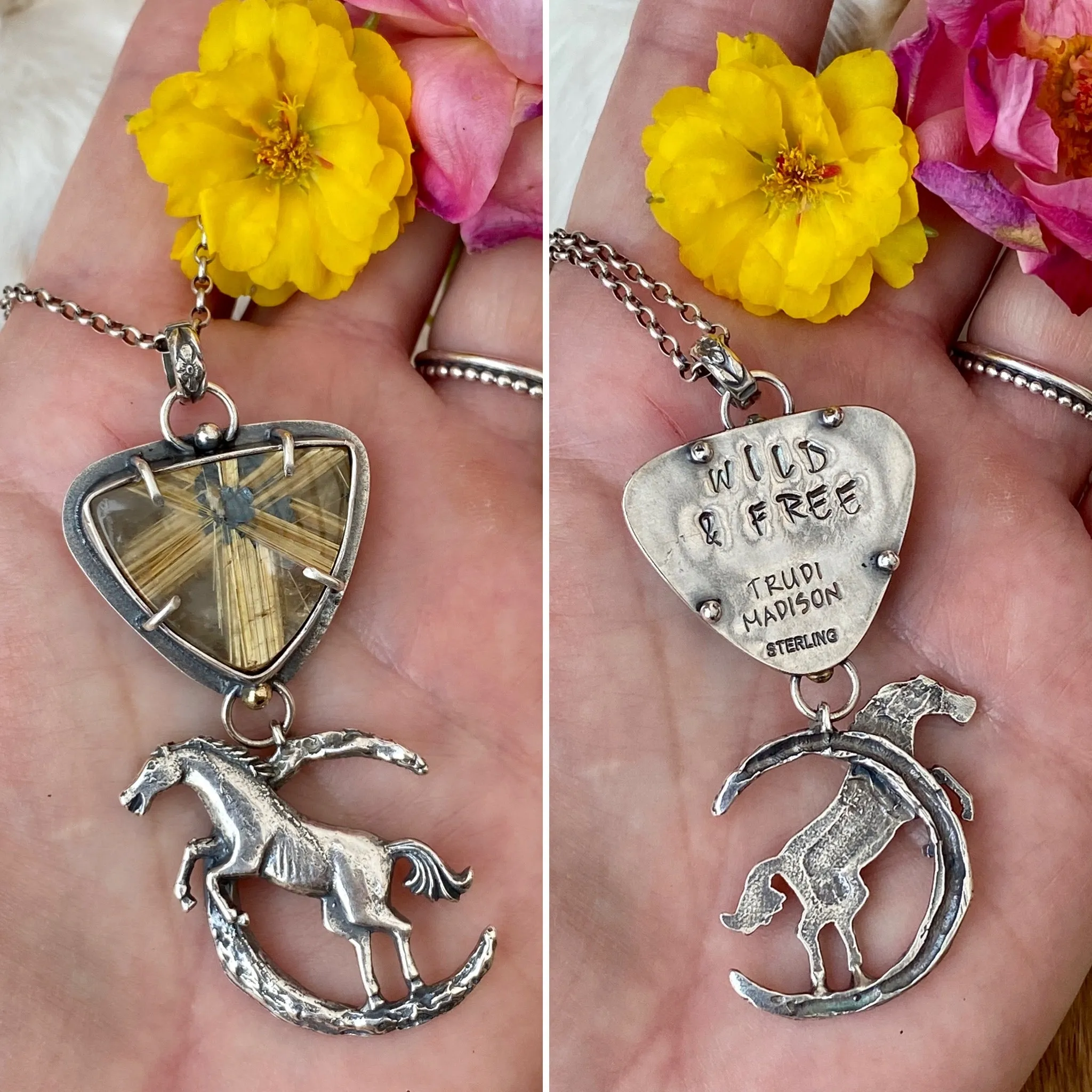 Auction for Wild horse under the moon six point star Rulite gem sterling silver necklace