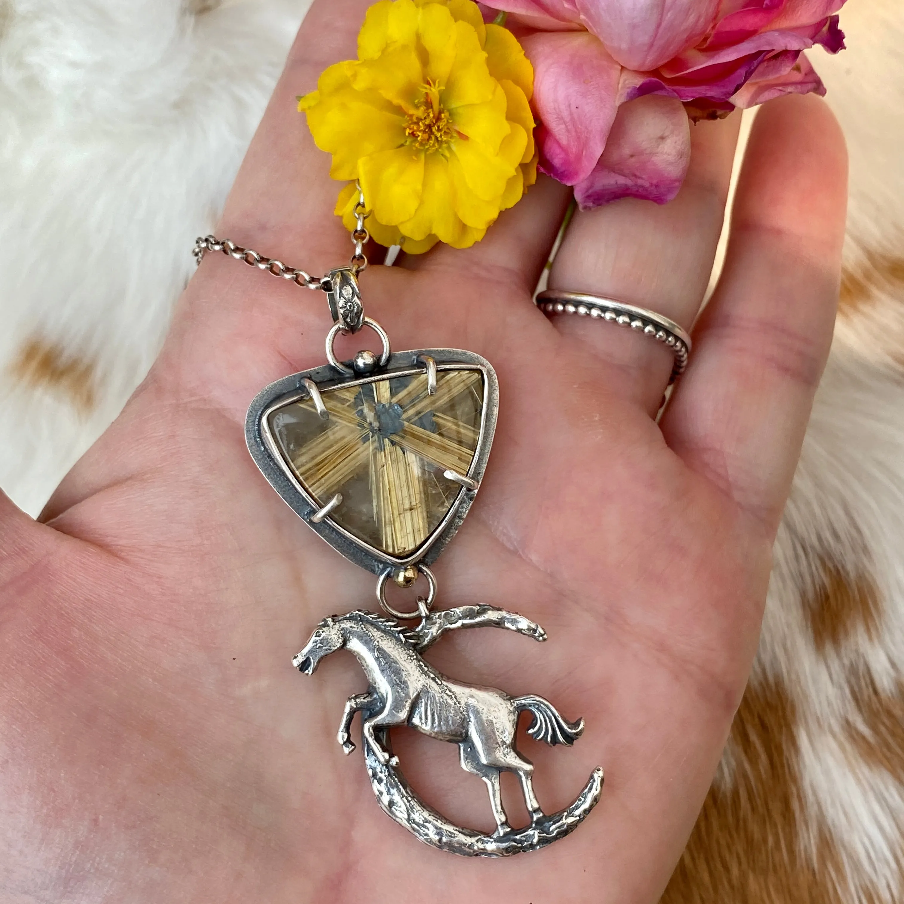Auction for Wild horse under the moon six point star Rulite gem sterling silver necklace