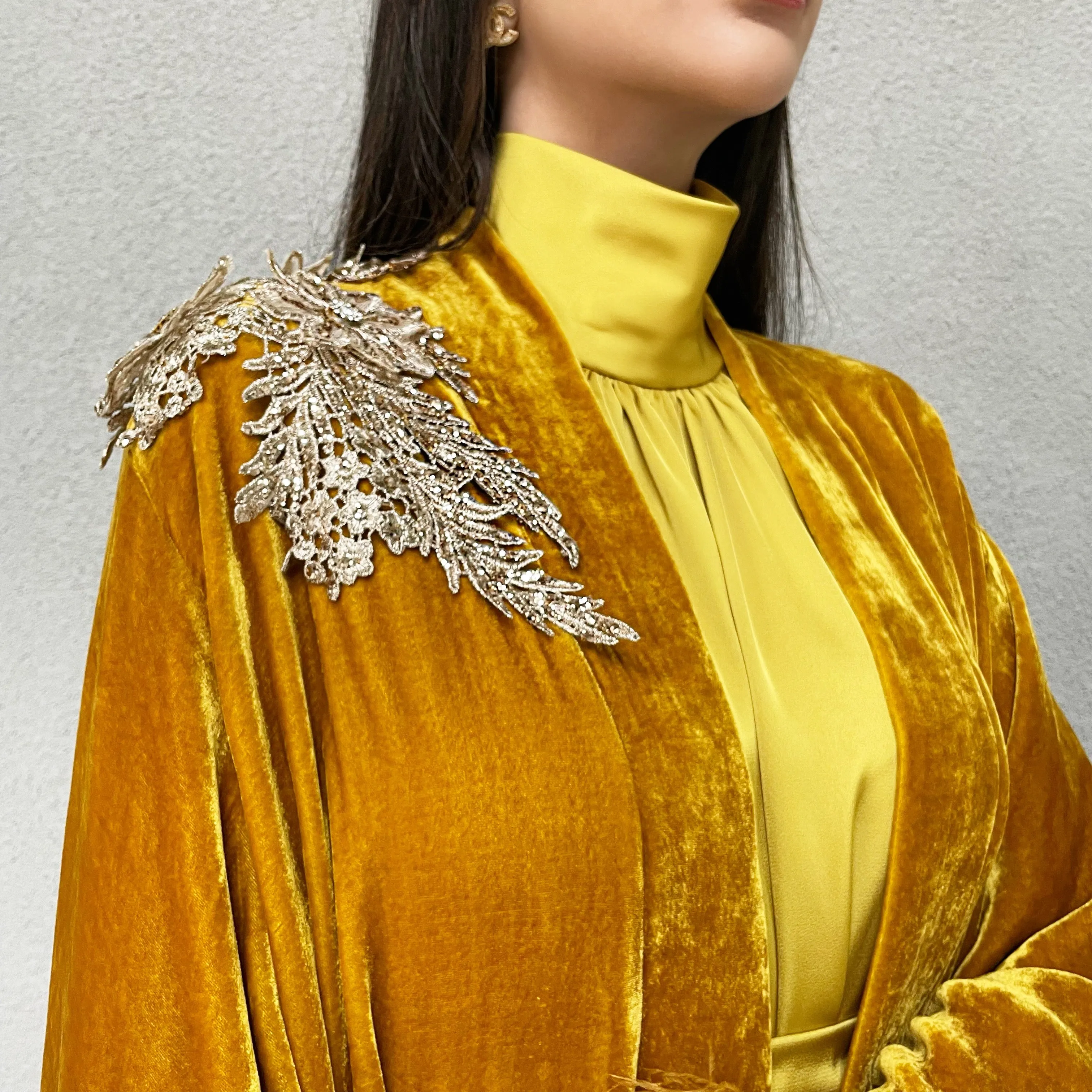 AW 21 AMANI MUSTARD SILK EVENING ABAYA