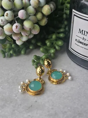 Baglama Aqua Chalecdony and Pearl Earrings