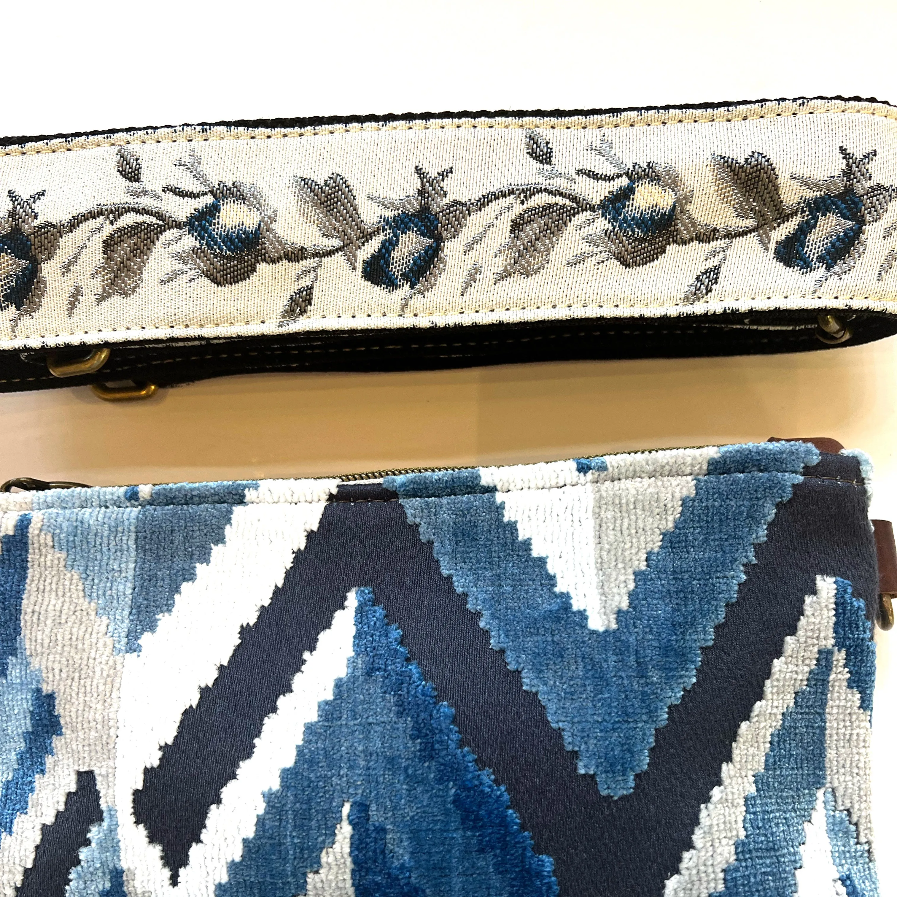 Bangle Clutch with vintage upholstery Trim Strap