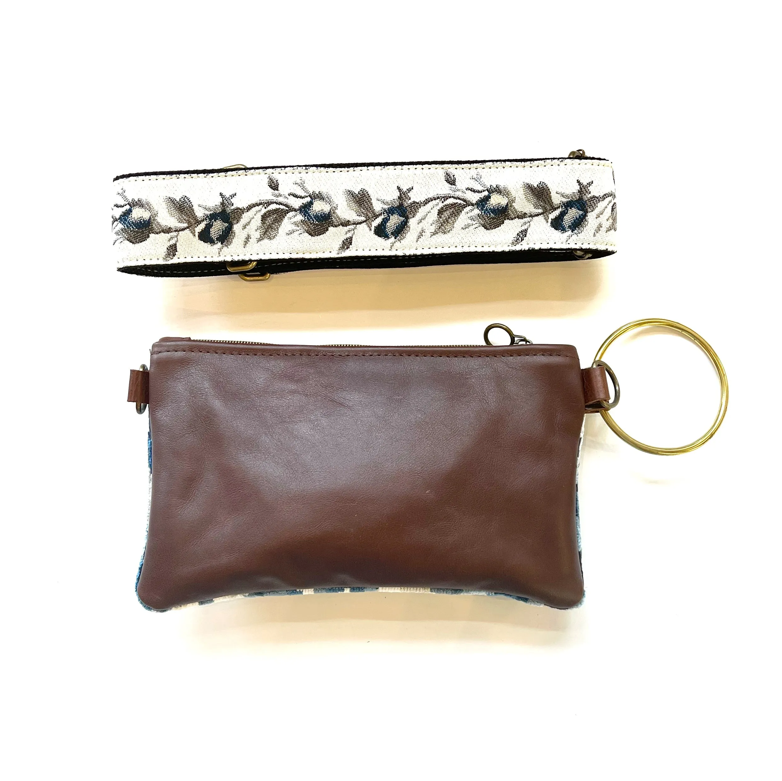 Bangle Clutch with vintage upholstery Trim Strap