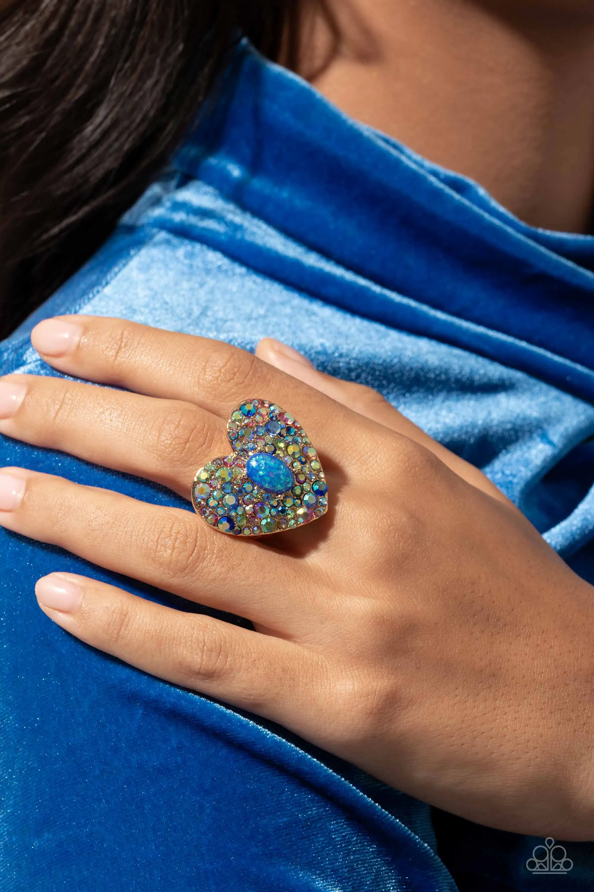 Bejeweled Beau - Blue - and Iridescent Rhinestone Heart Paparazzi Ring - November 2023 Life of the Party Exclusive