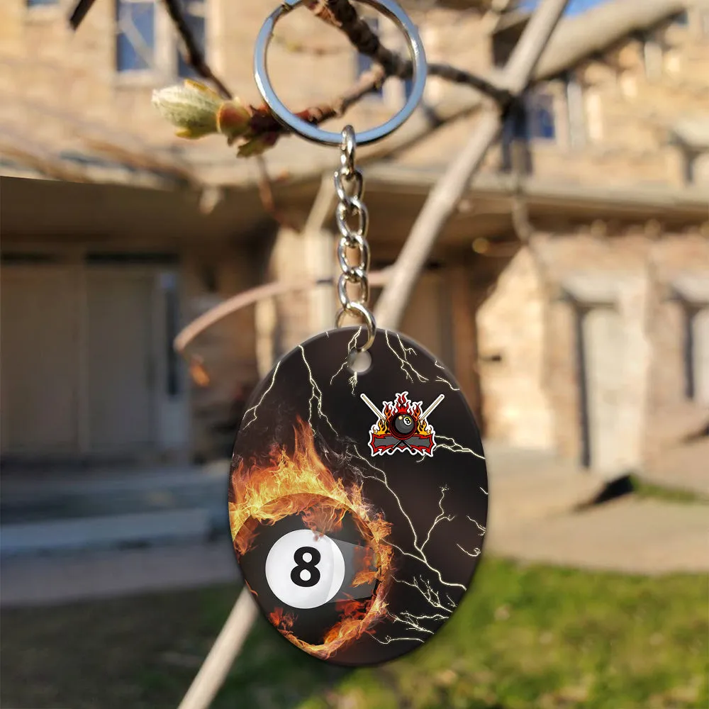 Billiard 8 Ball Thunder Fire Flame Personalized Name 3D Keychain Gift For Billiard Players