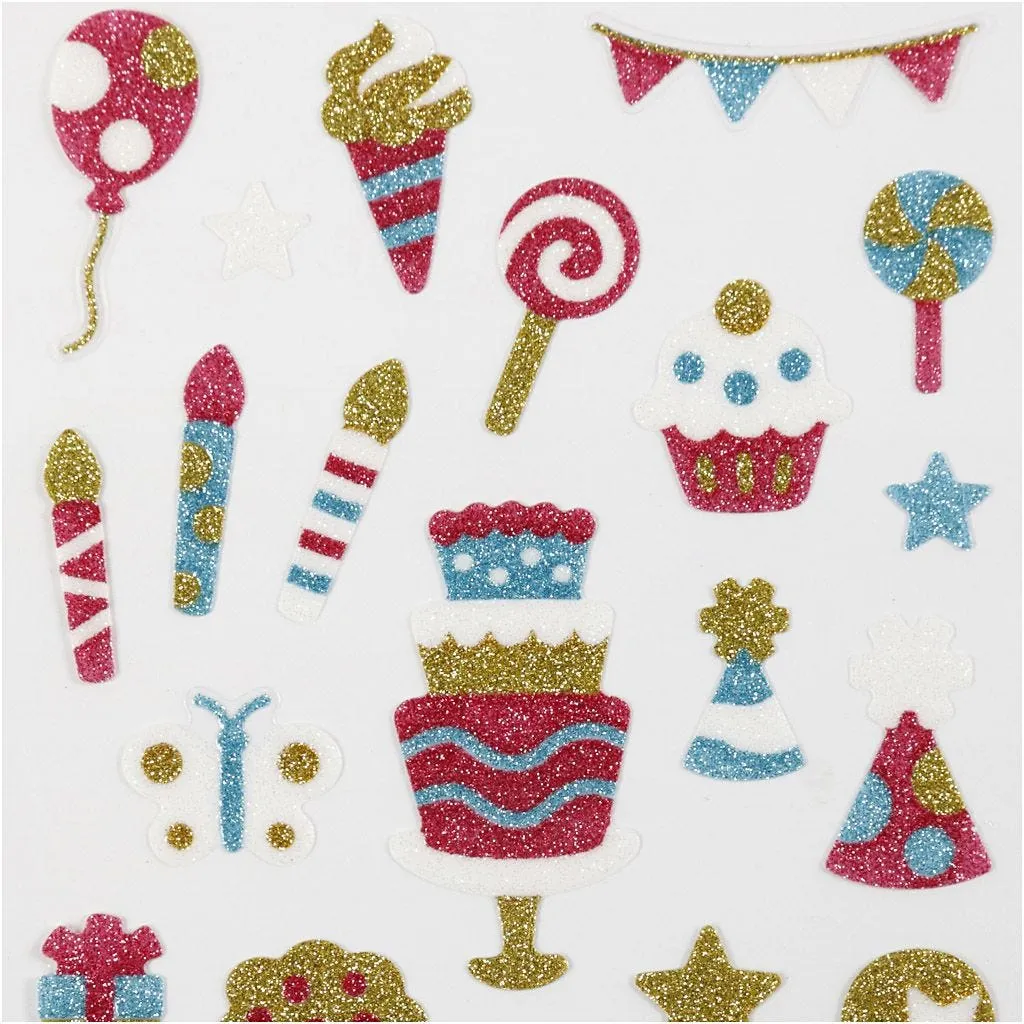Birthday Party Glitter Stickers Sheet 10x16cm Sparkly Self-Adhesive Punched Greeting Cards Gift Tags