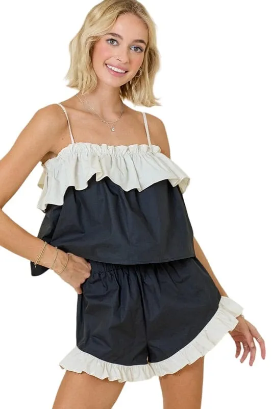 Black & cream ruffle short set