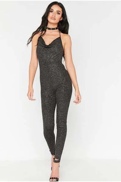 Black Glitter Halterneck Jumpsuit