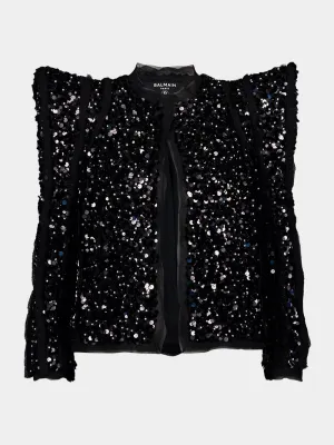 Black Sequin Pagoda Shoulder Jacket