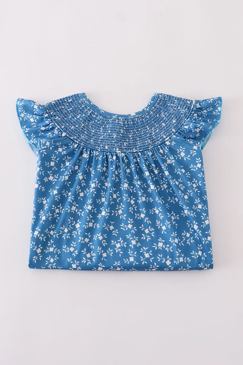 Blue floral print smocked dress