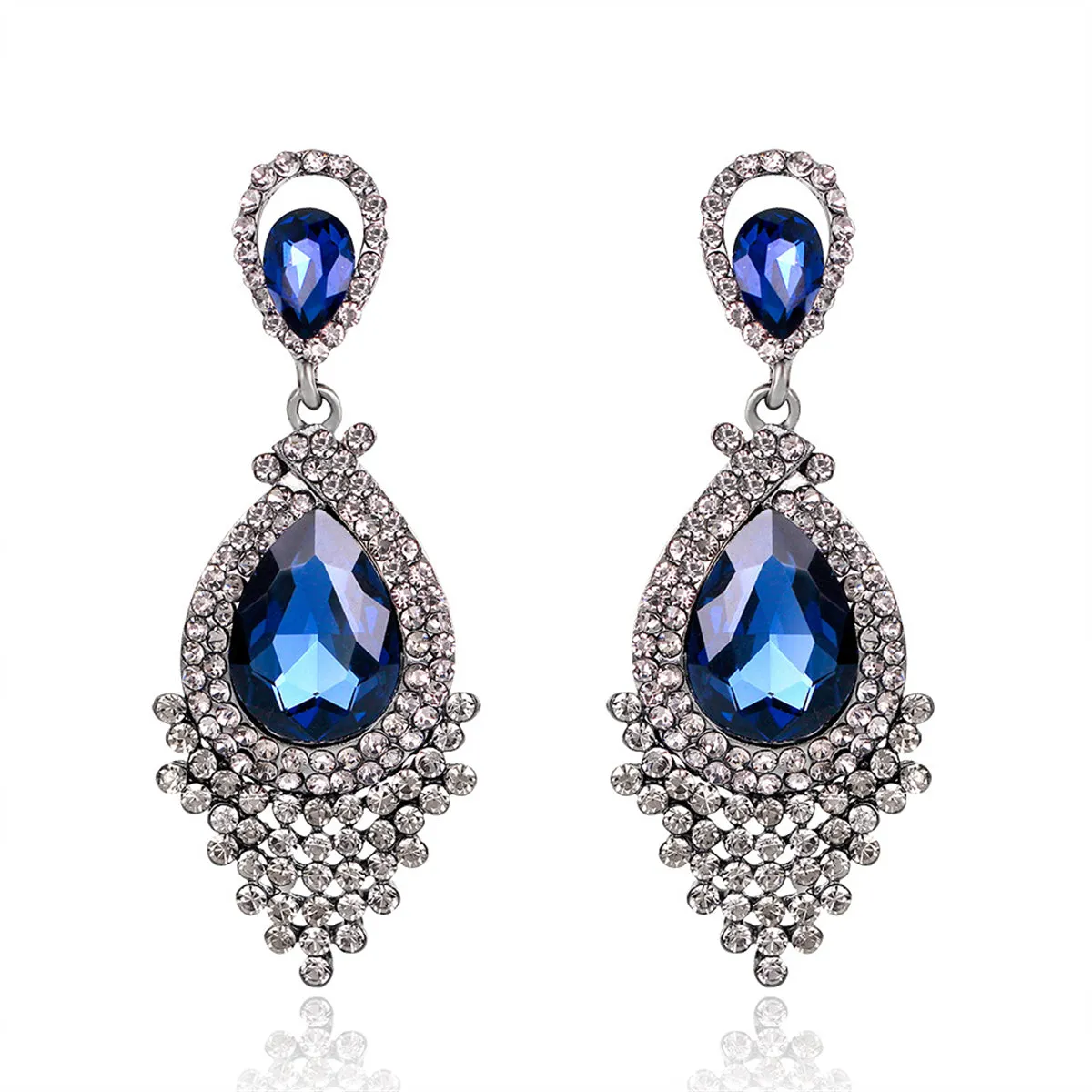 Blue Pear Crystal & Cubic Zirconia Drop Earrings