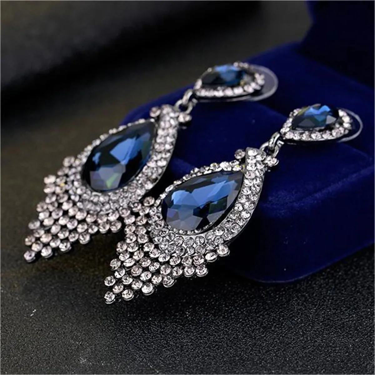 Blue Pear Crystal & Cubic Zirconia Drop Earrings