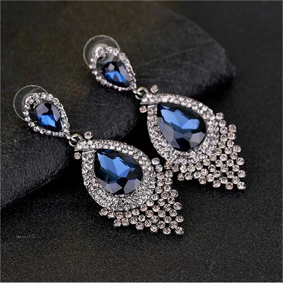 Blue Pear Crystal & Cubic Zirconia Drop Earrings